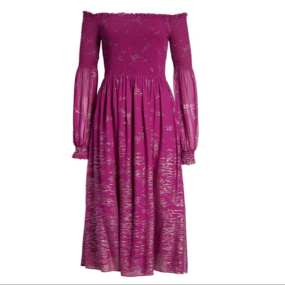 FREE PEOPLE FOILED SMOCKED MIDI DRESS - Picture 6 of 7